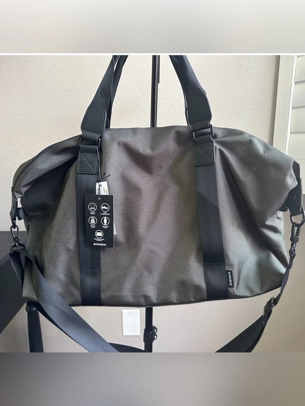 Bonobos Ballistic Nylon Duffle Bag in Olive•Leather Accents•Adjustable Strap•NWT